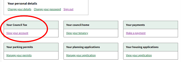 Screen shot of my account logged in page with Council Tax highlighted