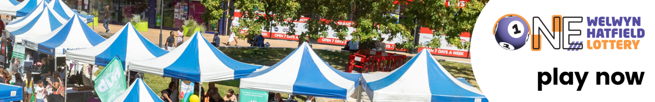 Banner that says ONE Welwyn Hatfield Lottery - play now