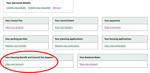 Screen shot of my account portal with Housing Benefit and Council Tax Reduction area highlighted