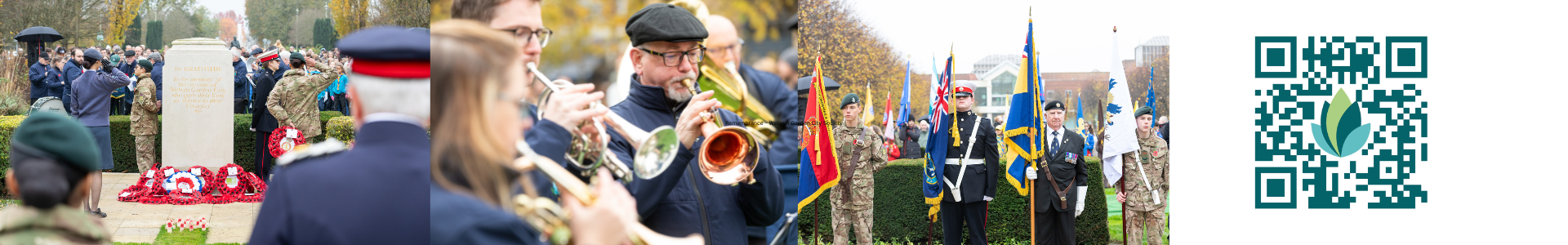 Images of brass band and people saluting remembrance wreaths.