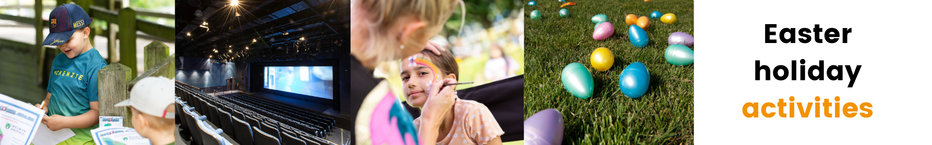 children reading, empty cinema, child getting face painted and easter eggs.